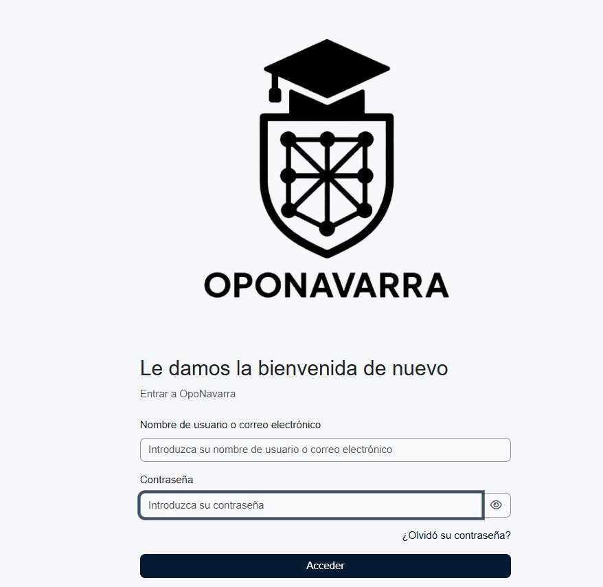 Pantalla de acceso a OpoNavarra con el logo de birrete y escudo de Navarra, campos de usuario y contraseña, y botón Acceder.